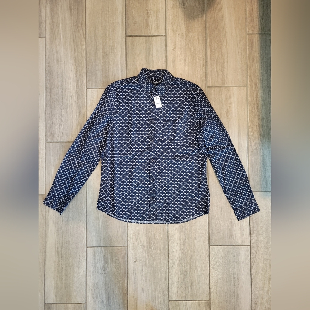 Brand New, Express White Geo Print on Black Dress Collared Shirt, L